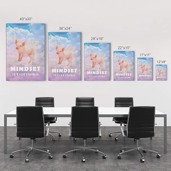 Smile Art Design Mindset is Everything Cute Pig with Wings Flying in Sky Motivational Canvas Wall Art Inspirational Wall Art Entrepreneur Quote Print Office Living Room Decor Gift Ready to Hang 40x30