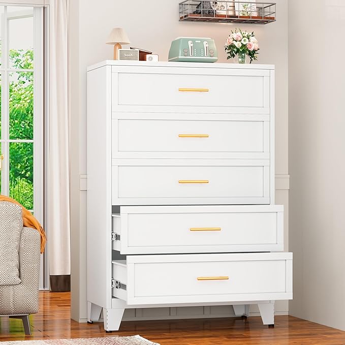 Tall 5 Drawers Dresser for Bedroom, Metal Drawer Dresser Chest Organizer, Drawer Cabinet for Home Office Collection and Storage Small Size Files (White)