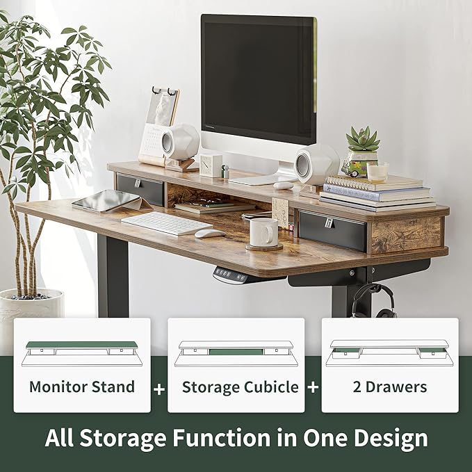 FEZIBO 48 x 24 Inch Height Adjustable Electric Standing Desk with Double Drawer, Stand Up Table with Storage Shelf, Sit Stand Desk, Rustic Brown