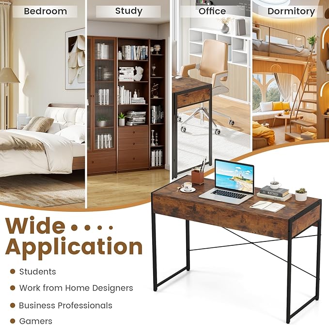 Giantex Computer Desk with 2 Drawers, 44 Inch Home Office Desk with Anti-Toppling Device & Metal Frame, Compact Laptop PC Table, Vanity Table, Modern Study Writing Desk for Small Spaces (Rustic Brown)