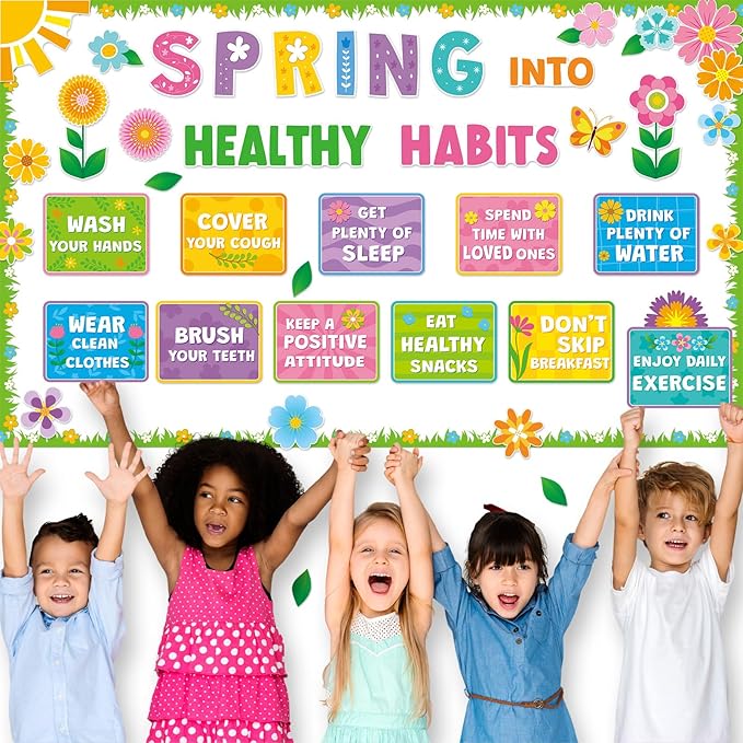 Ctosree 60 Pcs Spring Healthy Bulletin Board Decorations Set Habits Poster Colorful Flower Butterfly Plants Cutouts for Teacher Classroom School Office Chalkboard Wall Supply