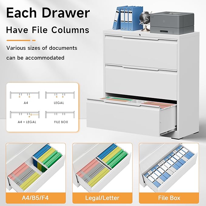Bestoo 3-Drawer Lateral File Cabinet with Lock, Metal Filing Cabinet for Home Office,3 Lateral Filing Storage Cabinets, Fits File Folders, Letter/Legal/F4/A4 Size, Assembly Required (White)