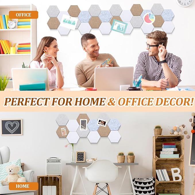 16 Pcs Hexagon Cork Board for Walls with 50 Wooden Push Pins 6.7 x 5.9 in Felt DIY Tiles Notice with Nano Tape Hanging Bulletin Board for Home Photo Office Memo Note(Light Camel)