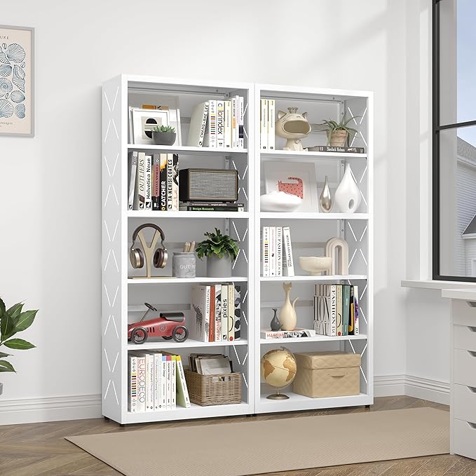 5 Tier Bookshelf, 55"Tall Metal Bookcase with Adjustable Shelves, Modern Display Book Shelf, White Bookcase Shelf, Utility Shelf, Storage Shelves for Office, Living Room, Kitchen, Study-23"W