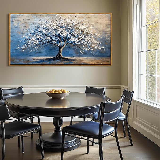 SERIMINO Tree of Life Wall Art, Framed Wall Art Large Artwork, Cherry Blossom Tree Abstract Paintings Prints, Nature Canvas Art Wall Decor, Blue Neutral Pictures for Living Room Bedroom Office 29"X57"