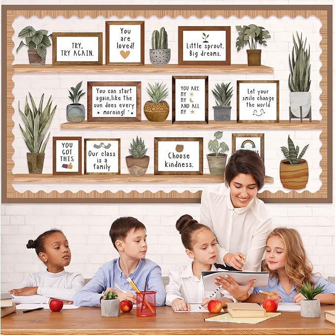 Pajean Bookshelf Bulletin Board Retro Boho Plant Positive Classroom Decoration Greenery Potted Cutouts for Back to School First Day Window Door Wall Elementary Preschool Teacher Supplies