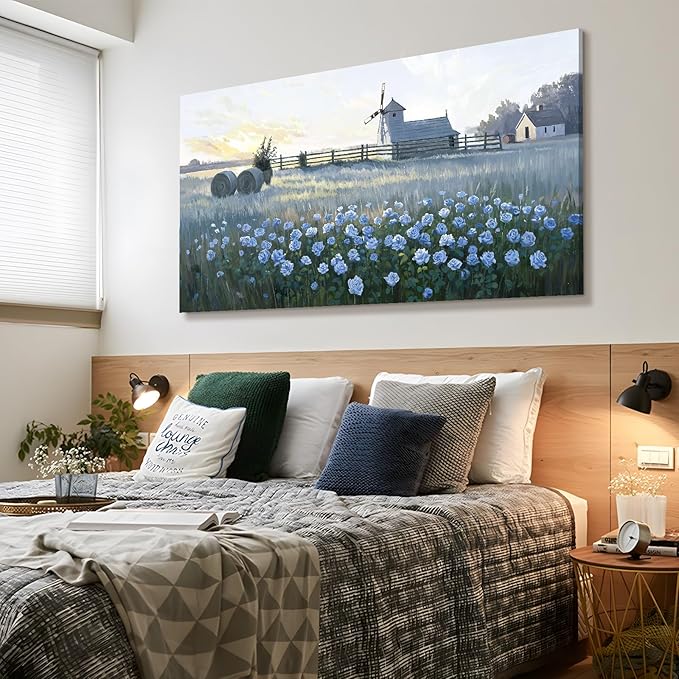 amatop Oversized Farmhouse Wall Art: Blue Rose & Windmill Botanical Landscape Canvas Print - Large Tranquil Floral Scene, Ideal for Living Room, Dining Room, or Hallway Decor | 58x29 Inches