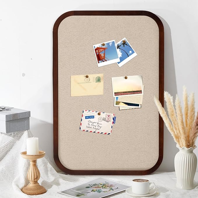 Vintage Framed Pin Board Linen Display Bulletin Board Large Cork Fabric Picture Photo Pinboard Memo Ornate Decorative Pinboard Ornate for Wall Gift(Rectangle,20'' X 30'',Dark Brown)