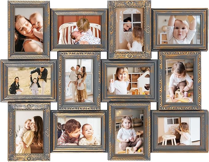 HELLO LAURA - Photo Collage Frame 12 Opening Vintage Collage Picture Frames 18" x 25" Wall Hanging Photo Frame Display 4" x 6" Photos Rusted Gold Edge | Gallery Collection Style
