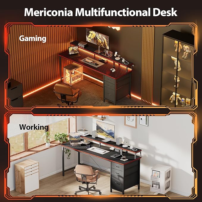 Mericonia Computer Desk 55 inch with Power Outlets & LED Lights, Gaming Desk with 3 Drawers for Home Office, Small Desk with Monitor Stand for Small Spaces, Study Writing Desk