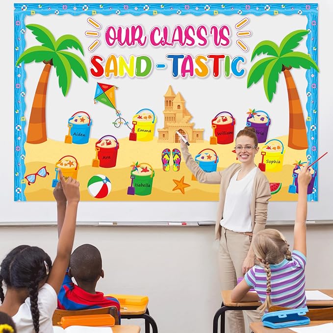 Summer Bulletin Board Decorations Set Our Class is Sand-Tastic Classroom Decor Bucket Hawaii Beach Theme Party Paper Cutouts for Back to School Office Teacher Chalkboard Wall Supplies Favor