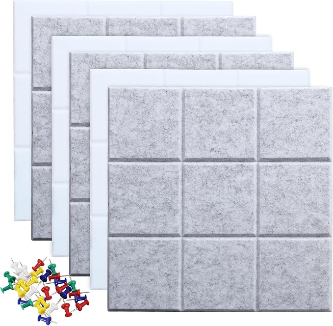 Large Felt Board Tiles for Wall with 30 Push Pins, 11.8"x11.8" Pack of 6 Pin Board Notice Boards for Home Office Kitchen, Bulletin Board Wall Tiles for Photos Memos (Grey+White, 6 Pack)
