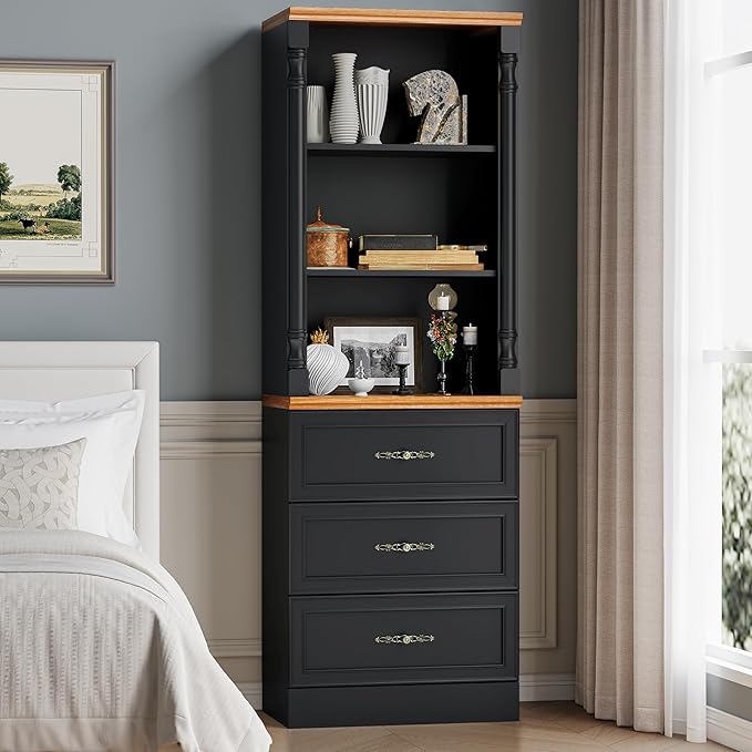 Bookshelf with Drawers, 71" Tall Wood Bookcase with Adjustable Shelf, 24" Wide Book Shelf, Floor Standing Display Storage Cabinet for Home Office, Study and Living Room, Antique Black