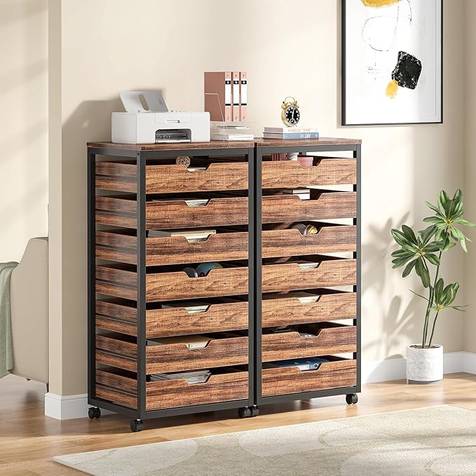 Tribesigns 7-Drawer File Cabinet, Wood Mobile Storage Drawer Unit, Industrial Office Cabinet with Drawers & Wheels, Rolling Printer Stand for Home Office (Rustic Brown)