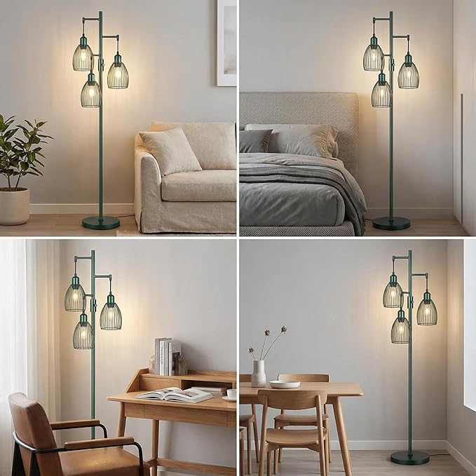 Torondo Dimmable Industrial Floor Lamps for Living Room, Green Tree Standing Tall Lamps with 3 Elegant Teardrop Cage Head & 800 Lumens LED Bulbs for Bedroom Office