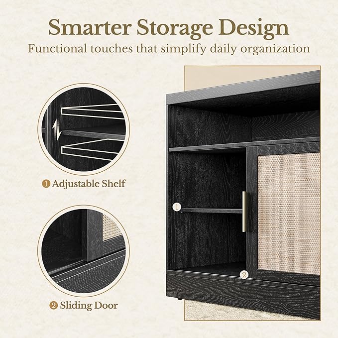 Rattan File Cabinet with Door, 32'' Lateral File Cabinet with Open Adjustable Shelves, Wood Filing Cabinet with Sliding Door for Home Office, Black