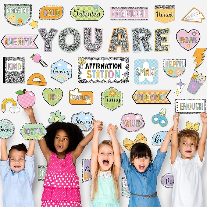 45pcs Composition Affirmation Station Bulletin Board Set Motivational Posters Classroom Mirror Growth Mindset Decor Positive Affirmations Accents Cutouts for School Office Home Teacher Wall