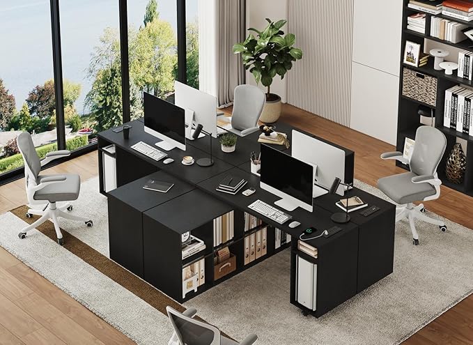 Black L-Shaped Computer Desk with Storage Shelves, Small Study Writing Desk with Charging Station, 67” Bedroom Side Table & 360° Rotating Desk for Living Room