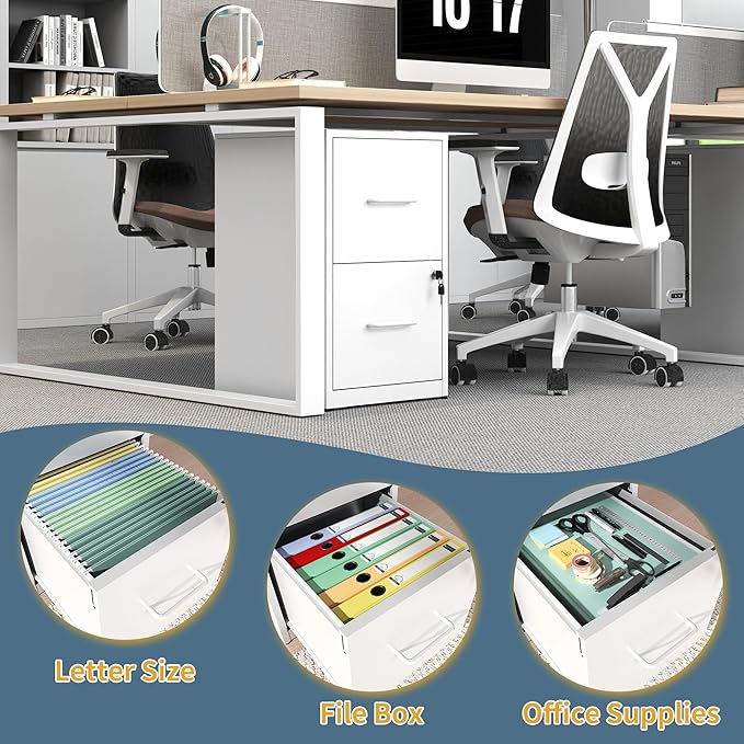 2 Drawer File Cabinet with Lock, Vertical Filing Cabinets for Home Office, Metal Storage Cabinet, Heavy Duty File Cabinet for Under Desk, Amsseble Required, White