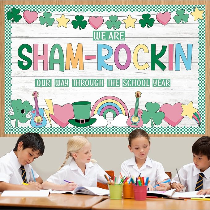 St. Patrick's Day Bulletin Board Set Shamrock Rainbow Paper Cut Outs St. Patrick's Day Classroom Bulletin Board Decoration Hearts Stars Hat Guitars Decor for Party Classroom Chalkboard Wall Decoration