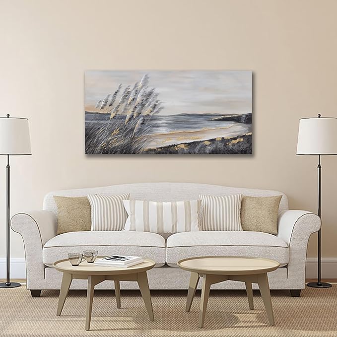 Yuaxker Ocean Art Wall Decor Grey and Gold Ocean Wall Art Large Modern Prints Trendy Canvas Painting for Living Room, Bedroom, Dining Room Office Home Decor 30x60 inch