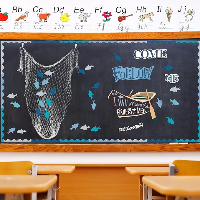 76 Pcs Christian Bulletin Board Decorations Set, Religious Fishers of Men Classroom Bulletin Board, Jesus Church Chalkboard Decorations Cutouts Kit for Sunday School Wall Decor Supplies