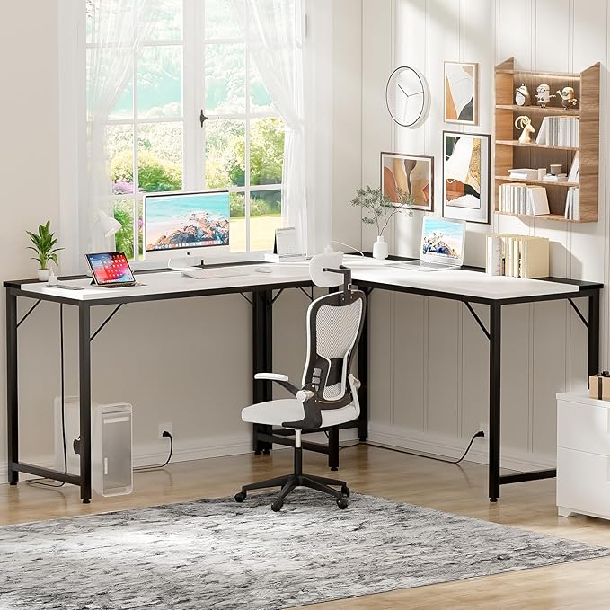 55 Inch Computer Desks with Power Outlets and USB Charging Ports, Modern Office Desk for Small Spaces, Sturdy Laptop PC Gaming Writing Table for Students, White and Black