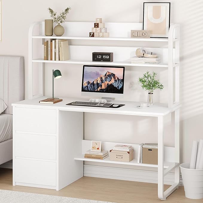 White Desk with Hutch, 55 Inch Computer Desk with 3 Drawers for Bedroom, Study Writing Desk with Shelves for Small Spaces, Adjustable Feet