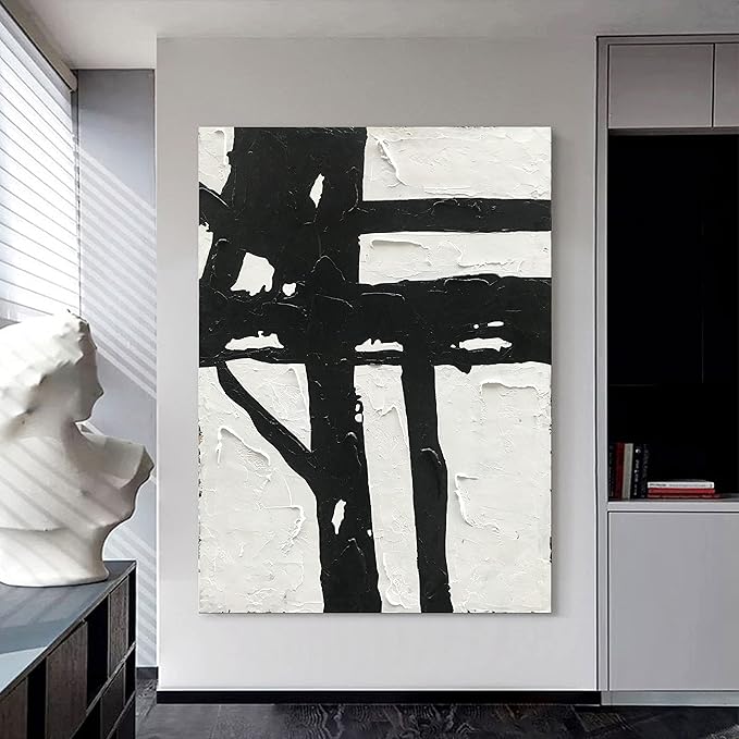 NANKAI Hand-Painted Black and White Abstract Wall Art Contemporary Minimalist Oil Painting Art 45x30 inch Large Painting Art for Home Walls Living Room Hallway Wall Decoration