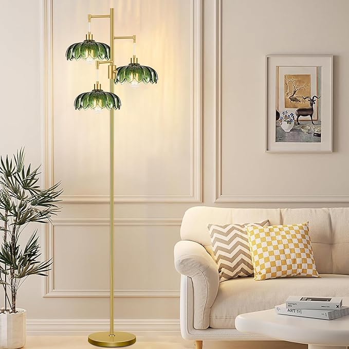 Dimmable Floor Lamps for Living Room Bedroom-3 Light Gold Floor Lamp with Glass Lampshape, Flower Tall Lamp Mid Century Modern Standing Lamp Glass Tree Floor Lamps for Living Room Bedroom,Corner