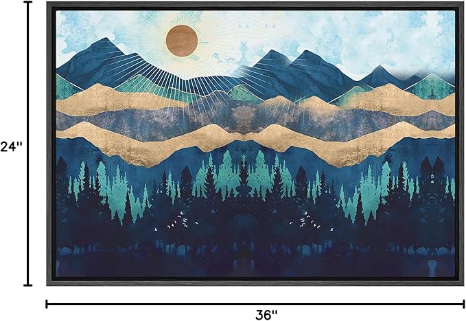 SIGNFORD Framed Canvas Print Wall Art Woodland Nursery Decor Blue Mountains & Forest Under Shining Sun Abstract Wilderness Modern Art Rustic Scenic for Living Room, Bedroom, Office - 24"x36" Black