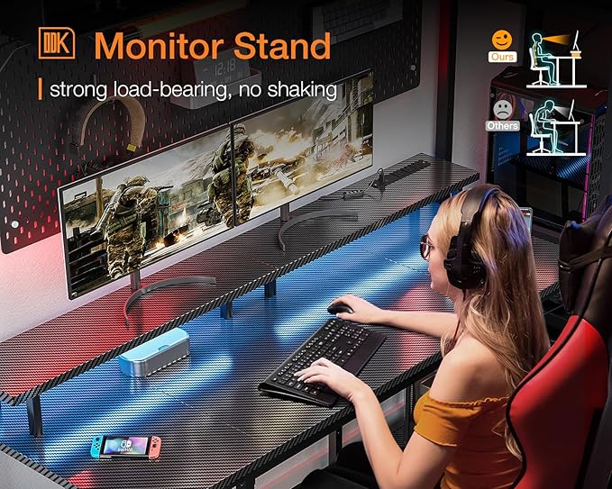 ODK 55 inch Computer Desk with Power Outlets & LED Lights, Gaming Desk with Monitor Stand & Storage Sheves, Home Office Desk, Carbon Fiber Black