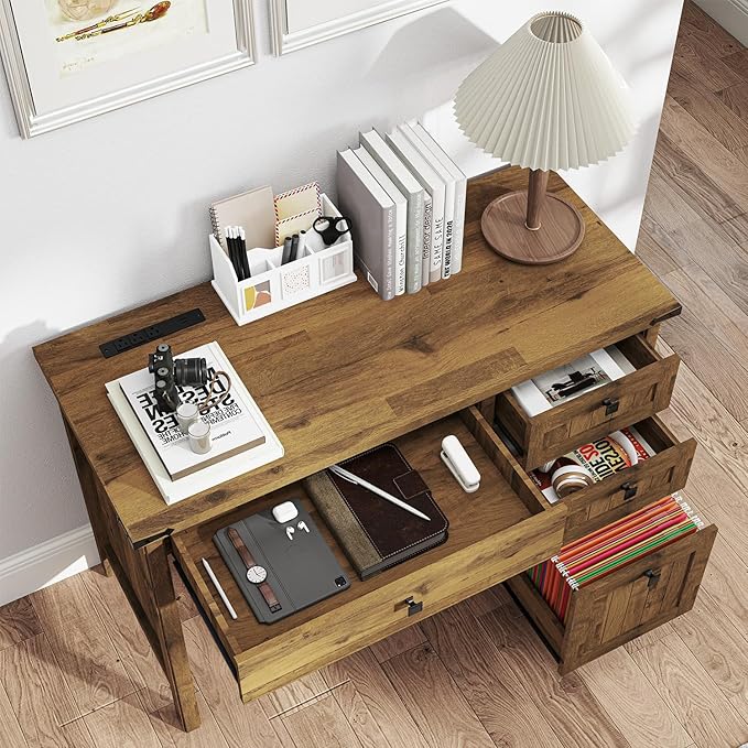 Farmhouse Executive Desk 45 inch Computer Desk with 4 Drawers, Smart Charging Station, Home Office & Study Room Essential for Remote Workers, Professionals & Students.Vintage
