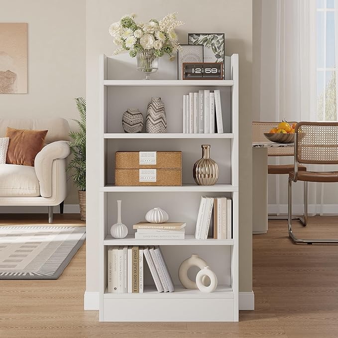 5-Shelf Multi-Functional Modern Wood Bookcase with Curved Design, Dust-Proof Baffle, and Sturdy Construction for Home Office, White