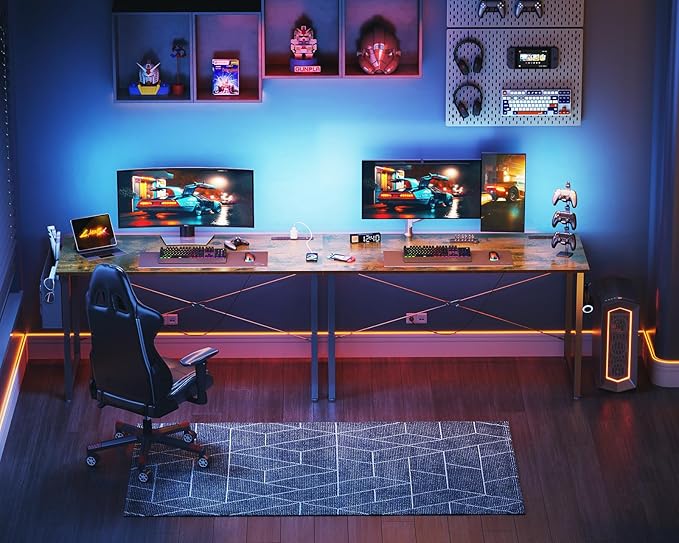 KKL Small Desk with Power Outlets and USB Port Computer Desk for Home Office Gaming Simple Modern Style Writing Desks with Storage Bag Headphone Hook, 48 inch, Rustic Brown