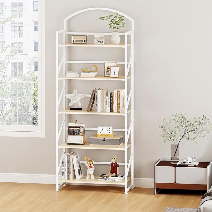 BHG No Assembly Folding Bookshelf for Living Room,Semicircle Collapsible Book Shelf for Home Office, Portable Bookcase Storage Organizer Rack Shelves