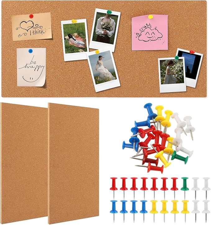 2 Pack Rectangle Cork Boards for Walls,1/2" Thick Cork Tiles with 20 Push Pins,Self-Adhesive Frameless Bulletin Board for School,Home & Office(Size:17x8x0.5 inch)