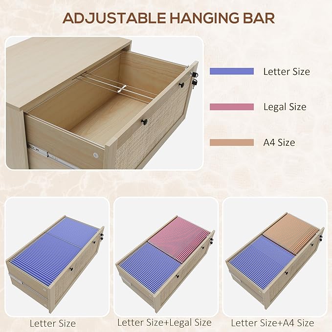 2 Drawer File Cabinet with Lock and 2 Keys,Natural Vertical Filing Cabinet with Adjustable Hanging Bar,Rattan Panels File Organizer for Home Office