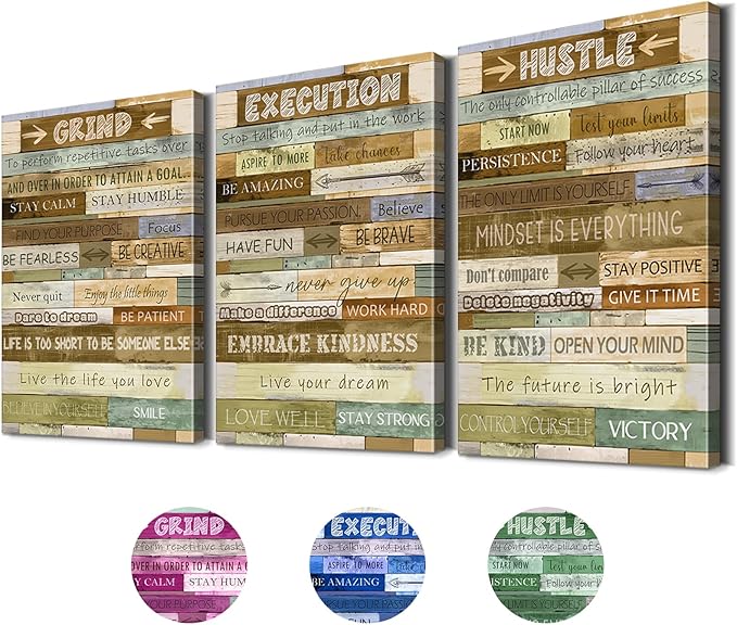 3 Pieces Inspirational Wall Decor Motivational Posters Positive Affirmations Quotes Wall Decor Grind Execution Hustle Art Office Pictures Inspirational Art for Office Ready to Hang (20''Wx28''Hx3)