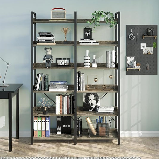 Seventable Bookshelf 6 Tier with 4 Hooks,67”Industrial Wooden Bookcase, Vintage Storage Rack with Open Shelves, Rustic Standing Bookshelves Metal Frame 43.3” Wide Display Rack, Gray