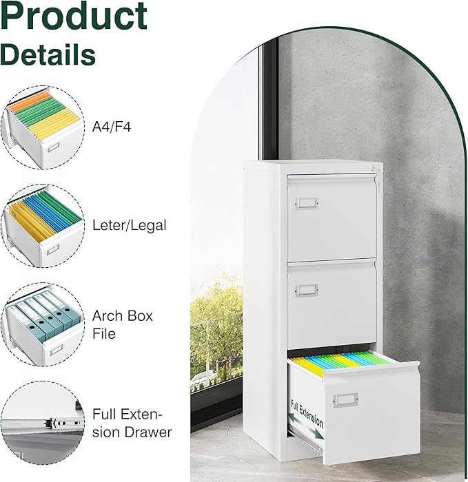 STANI Metal Vertical File Cabinet with Lock,Narrow Filing Cabinets Hanging Files Letter/Legal/A4 Size, Metal Storage Cabinet for Home Office, Assembly Required (White, 3-Drawer)