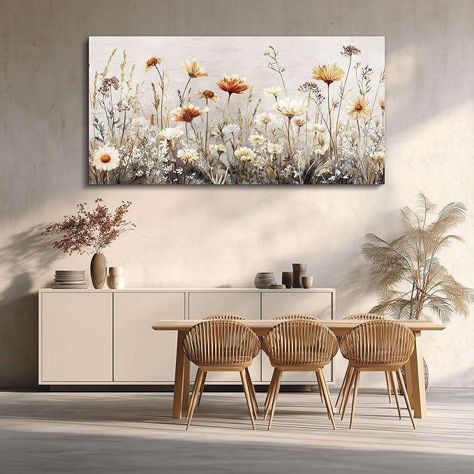 QIYILEXWART Canvas Wall Art For Living Room Wall Decor For Bedroom Office Wall Decoration Neutral Wildflower Landscape Painting Farmhouse Pictures Artwork Room Aesthetic Home Decor 20x40 In