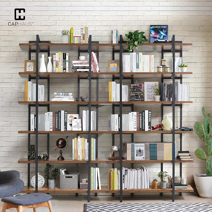 CAPHAUS 6-Tier Book Shelf, 86" H Vintage Industrial Bookcase with Open Display Shelving, Wooden and Metal Shelving Unit, Bookshelves and Bookcases, Stand Shelf for Bedroom, Dark Grey