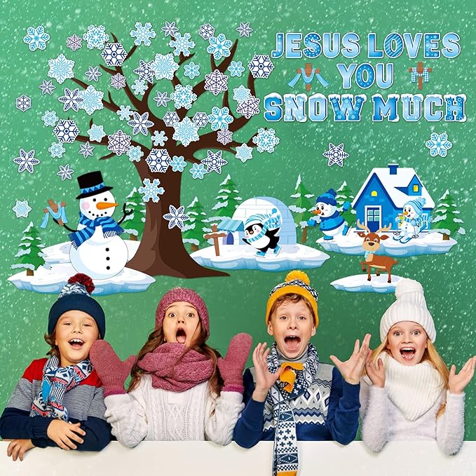 gisgfim Winter Bulletin Board Decorations Winter Snowflakes Snowman Tree Paper Cutouts Christmas Christian Bulletin Board Cutouts for Classroom Religious School Door Christmas Home Wall Decor Supplies