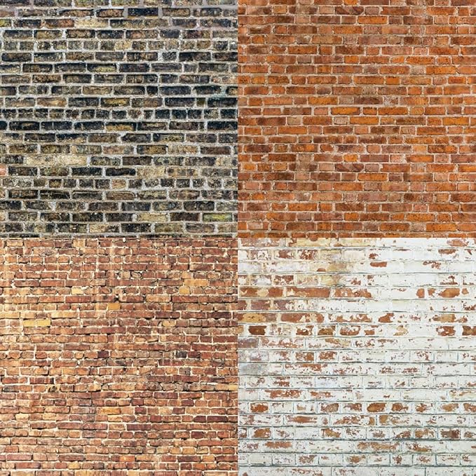 6x6 Brick Wall Texture Scrapbook Paper Pad | 24 Sheets (12 Designs) 160gsm Cardstock | Realistic Red, Whitewashed & Gray Brick Patterns for Dioramas, Dollhouses, Junk Journals & Crafts