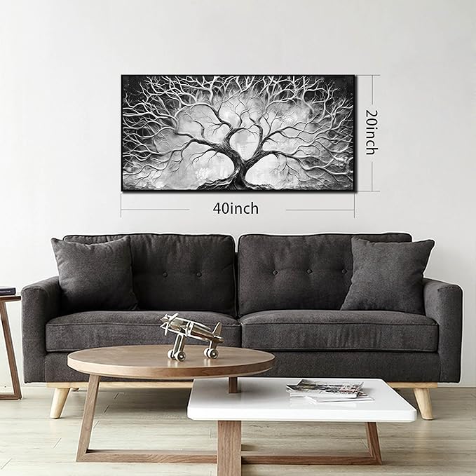 Black and White Pictures Wall Art for Living Room - Black Framed Tree Canvas Wall Art for Office Size 20" x 40"