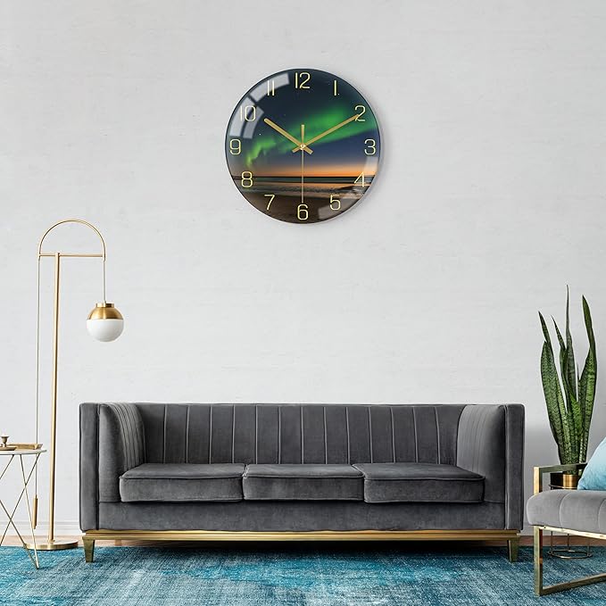 VIKMARI 10 Inch Modern Wall Clock, Aesthetic Black and Gold Decor Accessories, Unusual Silent Non Ticking Aurora Clocks for Living Room/Kitchen/Bedroom/Bathroom/Office (Glass)