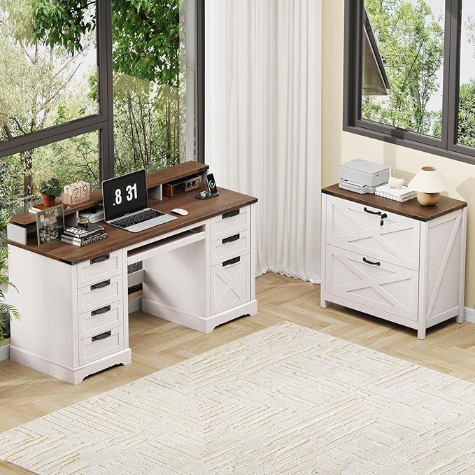 Lateral File Cabinet with 2 Large Drawers, Farmhouse File Cabinet with Lock for Letter/Legal/A4 Size Hanging Files, Wood File Storage Cabinets Printer Stand for Home Office Cabinets, White and Brown