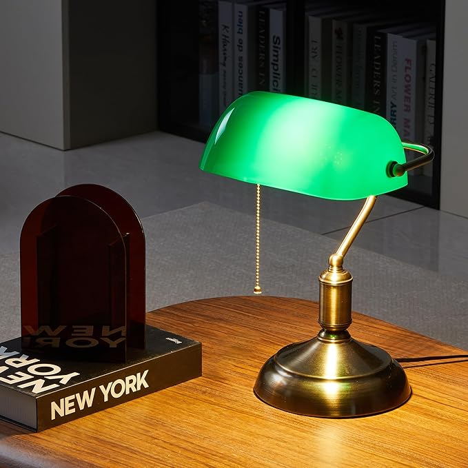 Bankers Lamp, Green Desk Lamp with Pull Chain Switch, 3 Lighting Color Mid Century Banker's Desk Light for Home Office Library Christmas (Green Plastic Lampshade)
