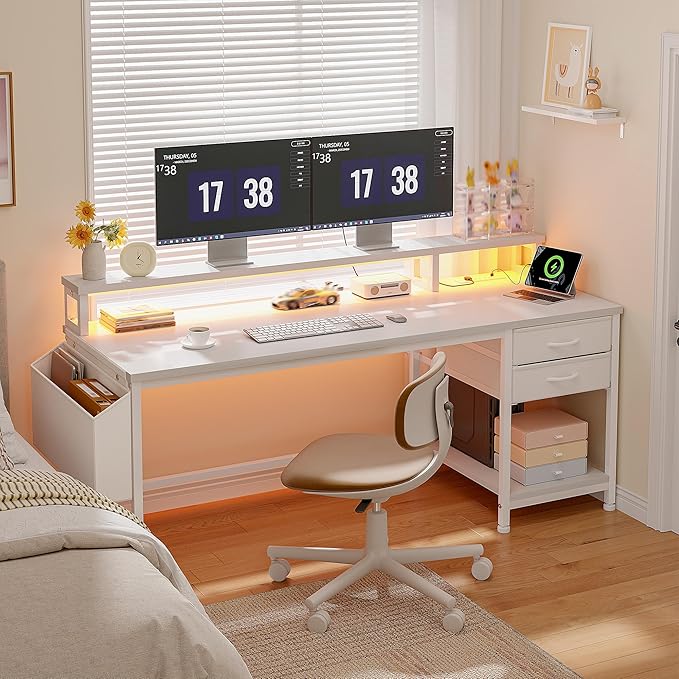 55" Gaming Desk with LED Strip, Computer Desk with Drawers & Storage Bag, Office Desks with Power Outlets & Monitor Stand, Office Desk for Bedroom, Gaming Room, White